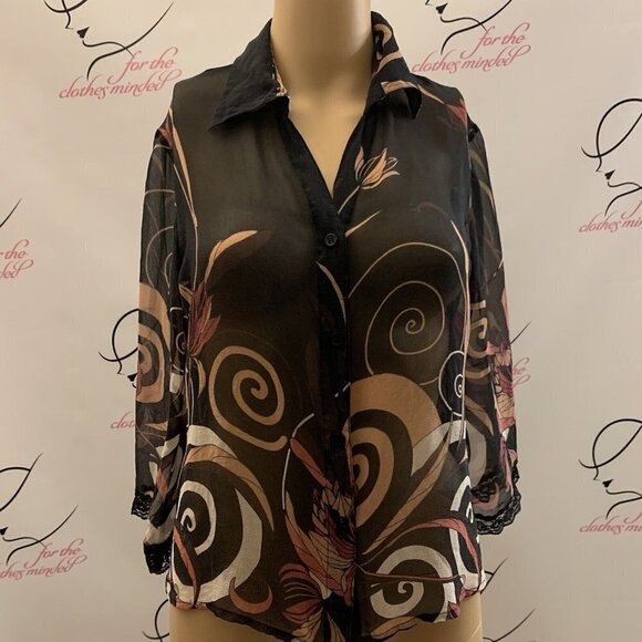 New York City Design Co. Size M. Sheer Border Print Shirt. Lace Edging. B62 - Picture 1 of 5